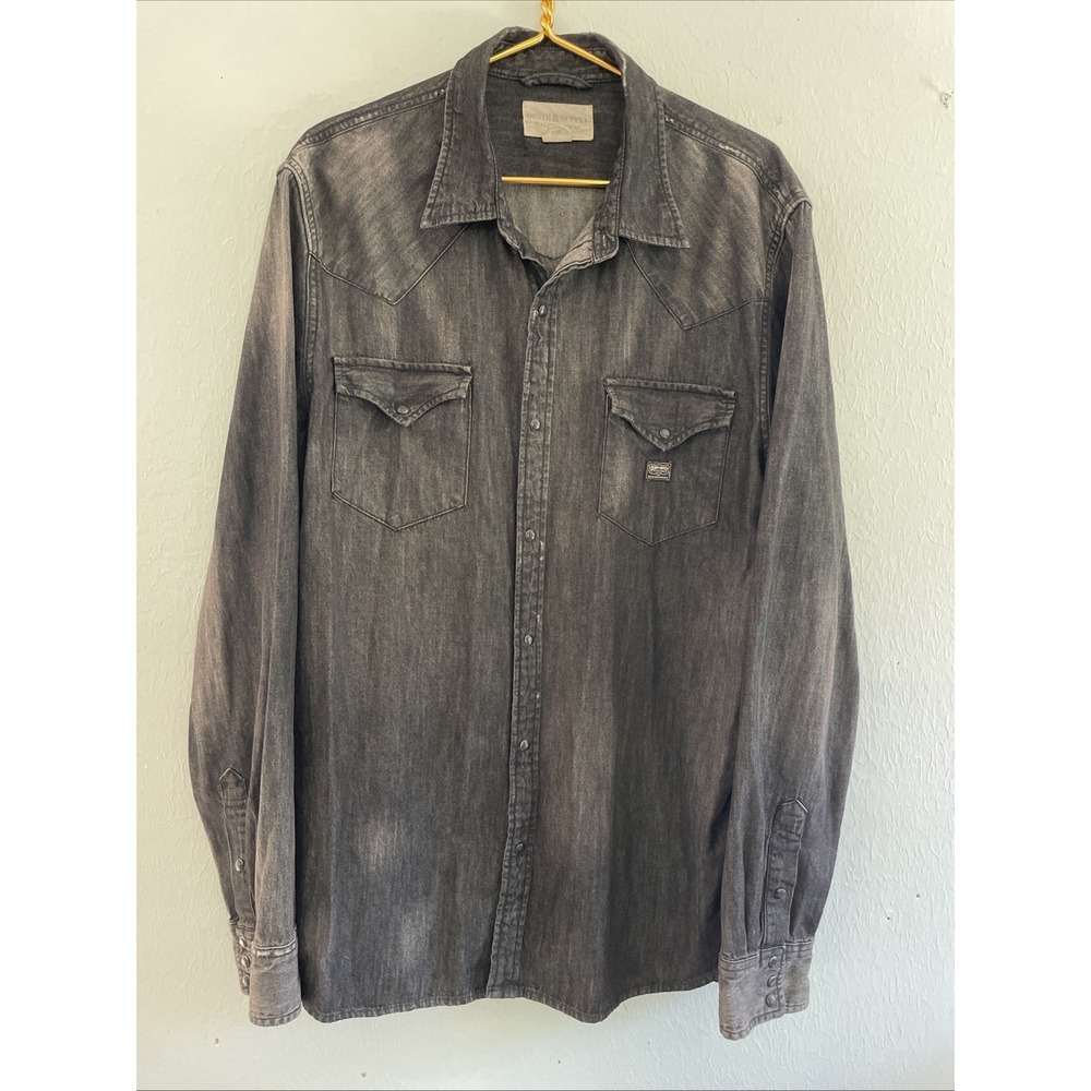 POLO Denim & Supply Distressed 100% Cotton Black Denim Western Snap Shirt XXL